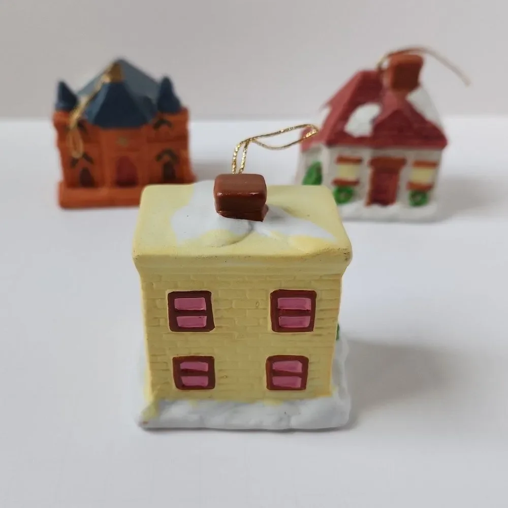 Vintage‎ Set of 3 Ceramic Charming Snow Christmas Village Bell Ornaments